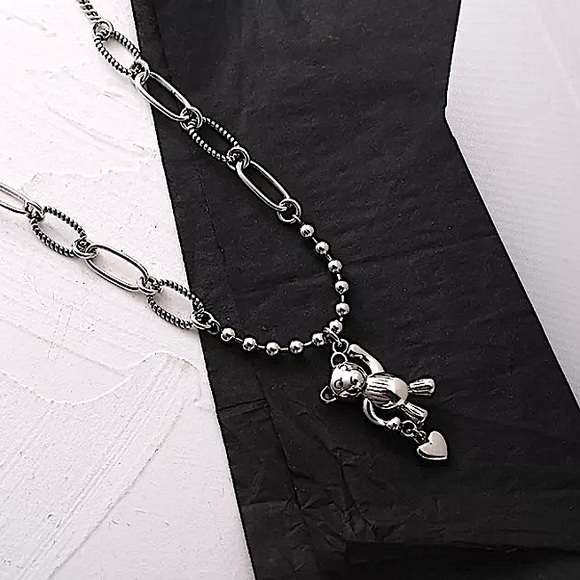 Sterling Silver Teddy Bear Charm Pendant Punk Necklace - Picture 6 of 6